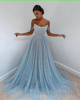Blue tulle long Evening Prom Dresses, blue tulle evening Dresses